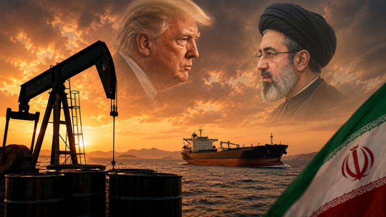 Donald Trump and Mojtaba Khamenei, with an oil pumpjack and tanker at sunset and Iranian flag in the foreground