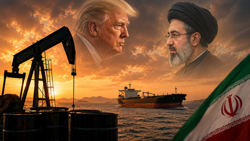 Donald Trump and Mojtaba Khamenei, with an oil pumpjack and tanker at sunset and Iranian flag in the foreground