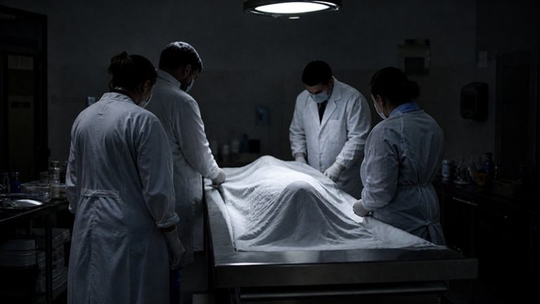 Four Judicial Medical Officers inspect a covered body in a dark examination room during a post-mortem investigation