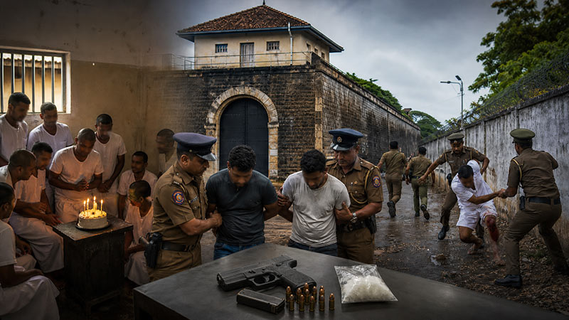 Police officers detain suspects as prison inmates in white uniforms gather around a birthday cake inside Galle Prison, with seized pistol, bullets and drugs shown in the foreground