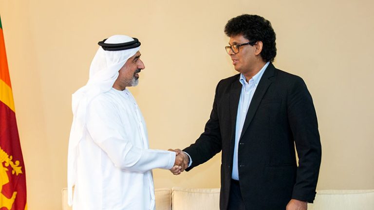 UAE Ambassador Khaled Nasser AlAmeri shakes hands with Minister Wasantha Samarasinghe during a meeting at the Ministry of Trade in Sri Lanka on May 13, 2026
