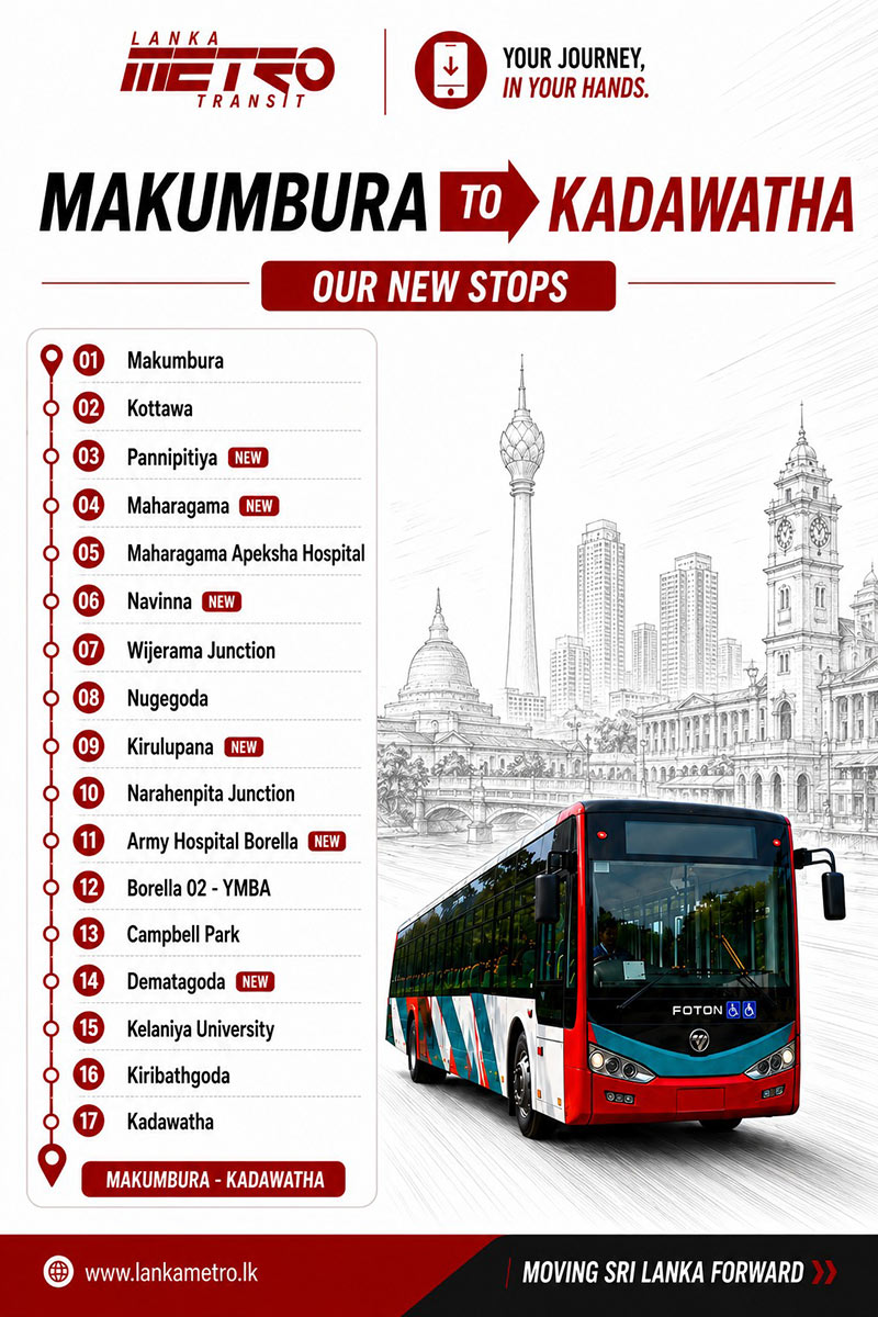 Infographic showing new Lanka Metro Transit bus stops on Makumbura to Colombo Fort and Kadawatha routes