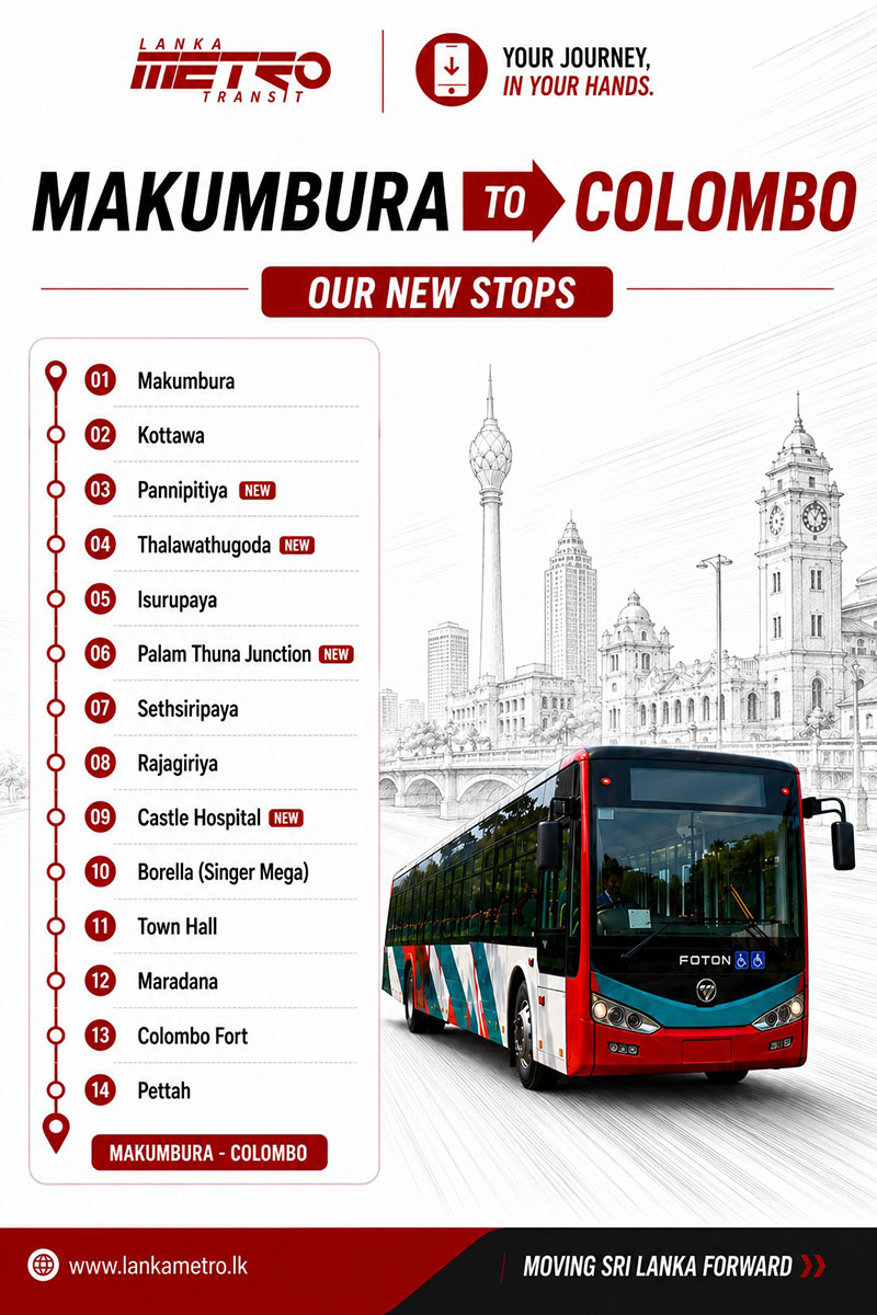 Infographic showing new Lanka Metro Transit bus stops on Makumbura to Colombo Fort and Kadawatha routes