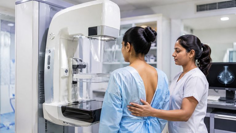 Healthcare worker assisting a patient at a modern mammography machine in a Sri Lankan hospital