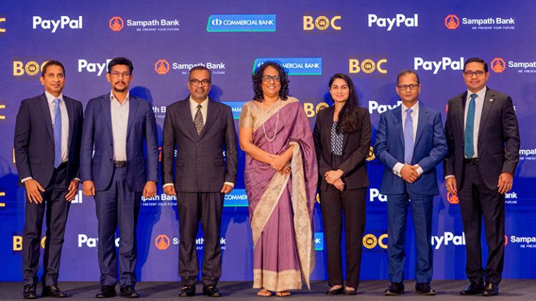 Officials and banking representatives pose for a group photo at the PayPal expansion event at Galle Face Hotel, Colombo, with Sri Lanka Prime Minister Dr. Harini Amarasuriya