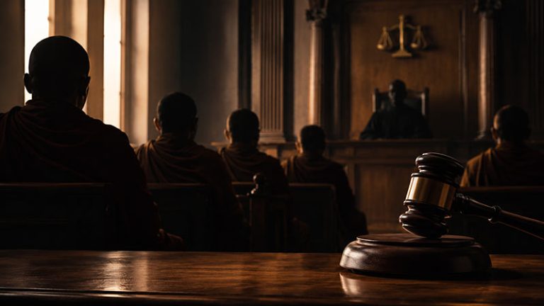 Buddhist monks in a Sangha courtroom with a judge's gavel - Court hammer