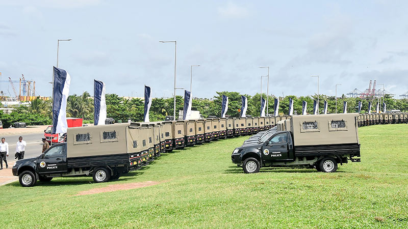 Single cab vehicles donated by India for use by the Sri Lanka Police displayed at the Presidential Secretariat in Colombo