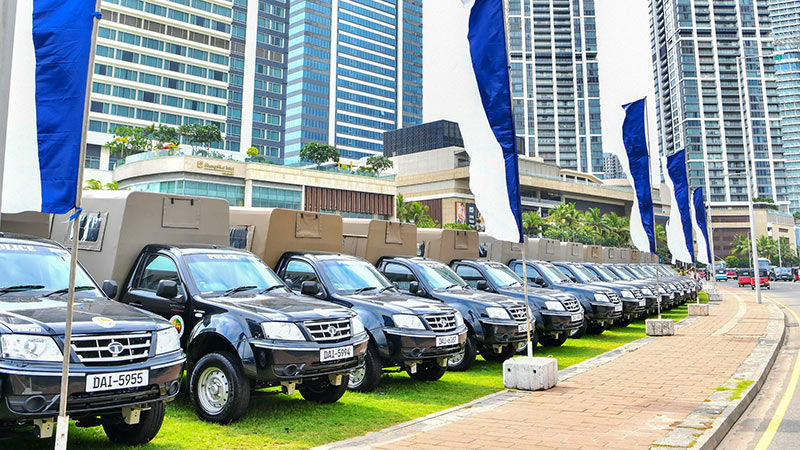 Single cab vehicles donated by India for use by the Sri Lanka Police displayed at the Presidential Secretariat in Colombo