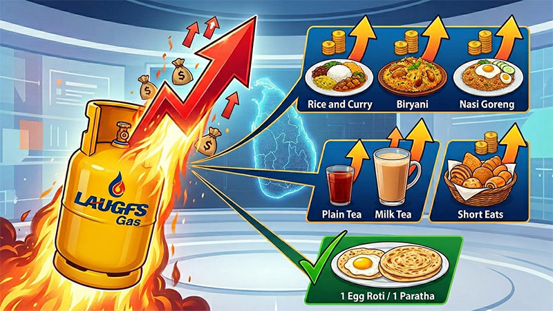 Graphic showing food price increases for rice, biryani, and tea in Sri Lanka following the LAUGFS Gas price hike