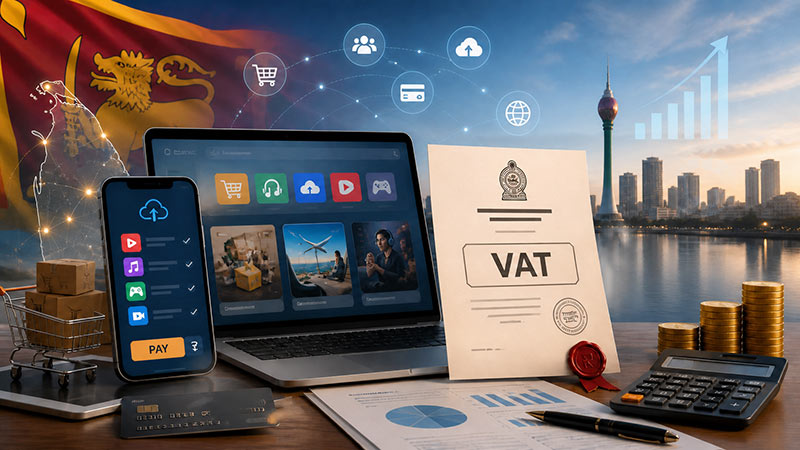 Illustration of Sri Lanka imposing VAT on digital services, showing online platforms, a VAT document, coins, calculator and Colombo skyline
