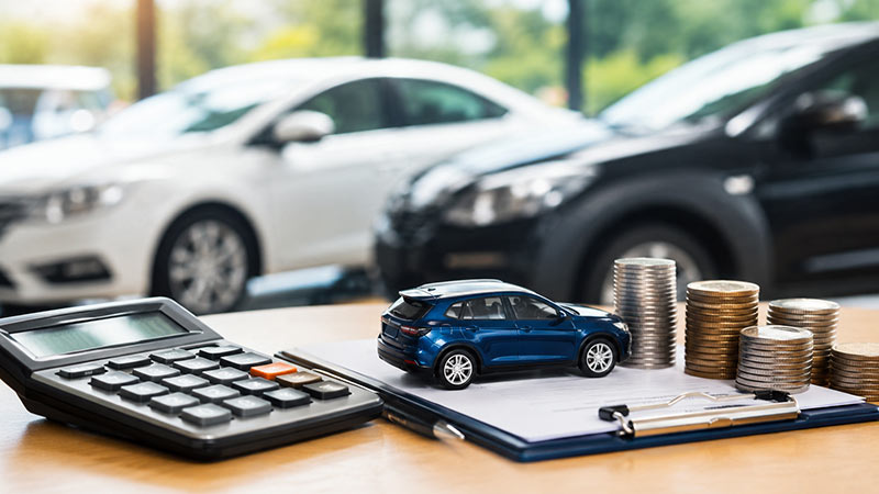 Toy car, calculator and coins representing Sri Lanka vehicle loan restrictions introduced by the Central Bank of Sri Lanka