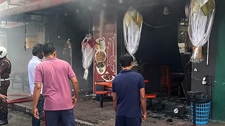 Burnt restaurant near Thalawathugoda Junction after fire incident that injured four people on June 9, 2026