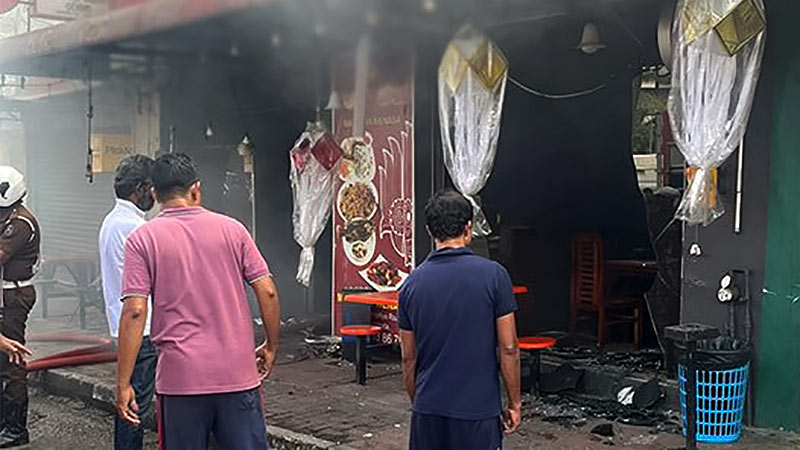 Burnt restaurant near Thalawathugoda Junction after fire incident that injured four people on June 9, 2026
