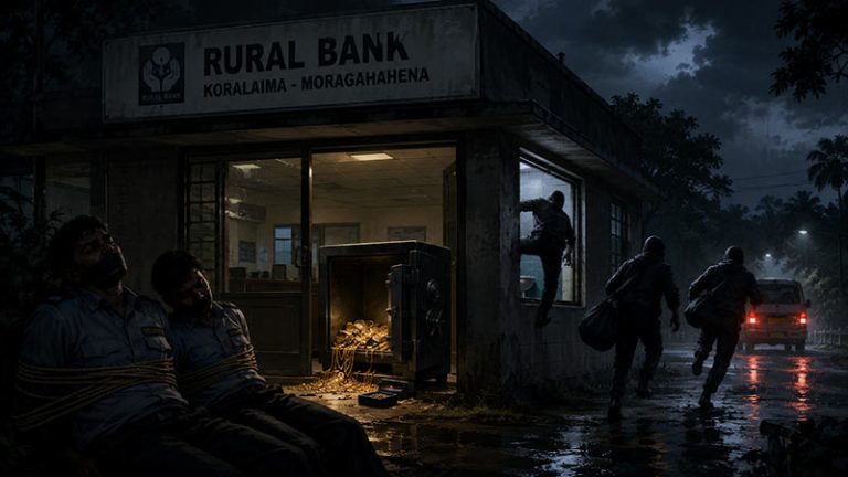 Rural bank robbery in Moragahahena after suspects tied up security guards and stole gold jewellery from a broken safe on June 23, 2026