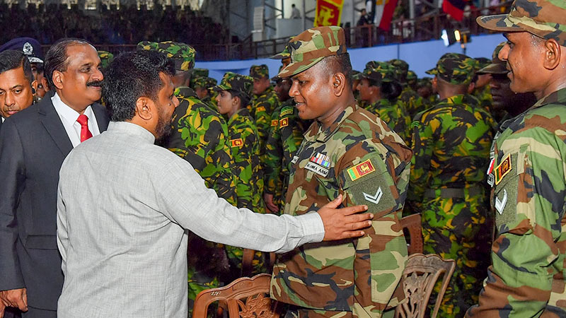 Sri Lanka President Anura Kumara Dissanayake with Sri Lanka Army and Police STF personnel at the UN peacekeeping farewell ceremony in Panagoda