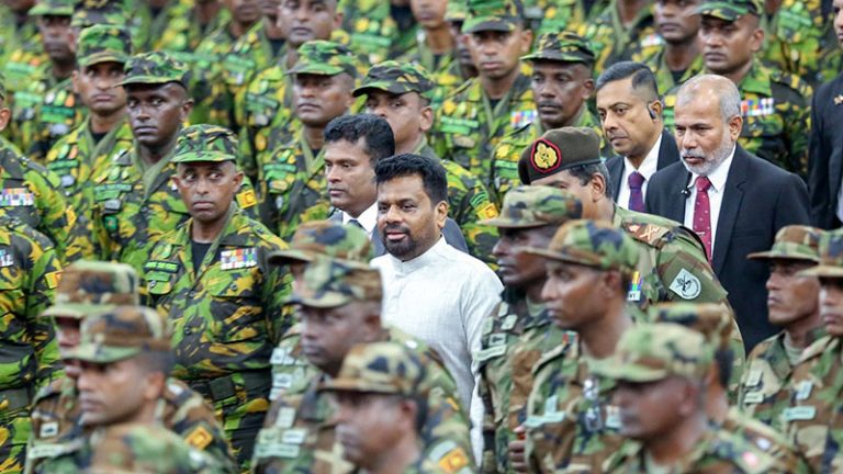 Sri Lanka President Anura Kumara Dissanayake with Sri Lanka Army and Police STF personnel at the UN peacekeeping farewell ceremony in Panagoda