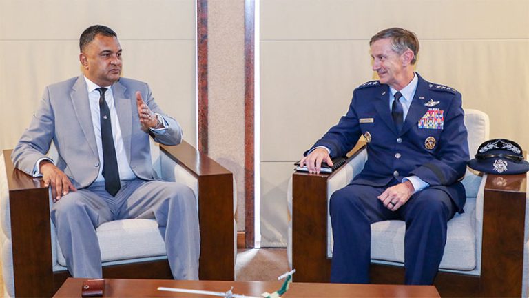 US Pacific Air Forces Commander General Kevin B. Schneider in discussion with Sri Lanka Defence Secretary Air Vice Marshal Sampath Thuyacontha at the Ministry of Defence in Sri Jayawardenepura Kotte on June 23, 2026