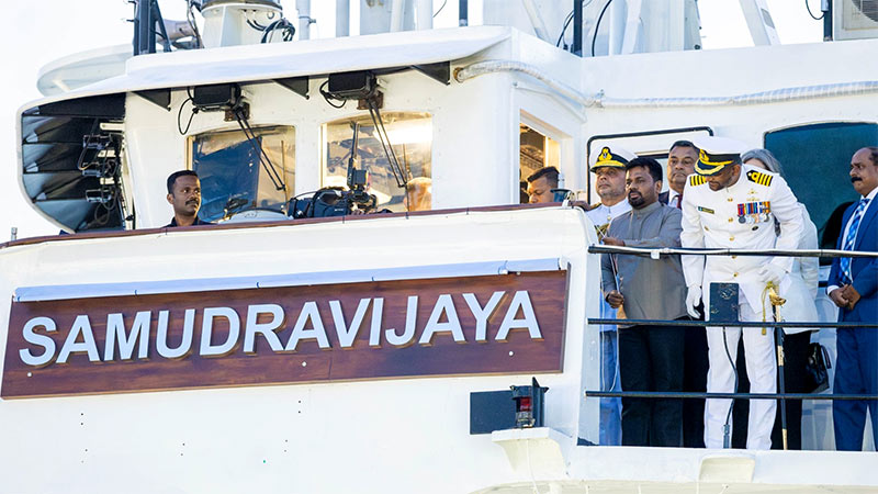 Sri Lankan President Anura Kumara Dissanayake officially unveils the name plaque of the Sri Lanka Navy's deep-sea patrol vessel "Samudravijaya" during its commissioning ceremony at the Port of Colombo on June 4, 2026
