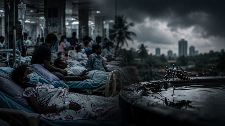 Patients receiving treatment in an overcrowded hospital ward as a dengue-carrying mosquito is seen in the foreground under dark stormy skies in Sri Lanka