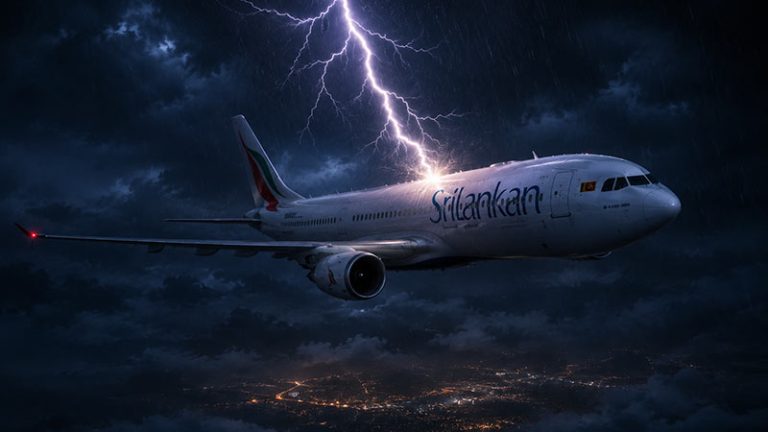 SriLankan Airlines Airbus A330 flying through a stormy night sky after a lightning strike, with dark clouds, rain, and city lights visible below