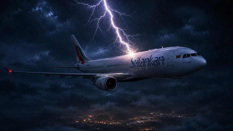 SriLankan Airlines Airbus A330 flying through a stormy night sky after a lightning strike, with dark clouds, rain, and city lights visible below