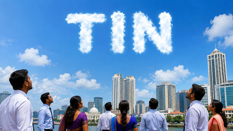 Sri Lankan office workers in Colombo looking up at the sky as the words "Taxpayer Identification Number (TIN)" appear in clouds above the city skyline