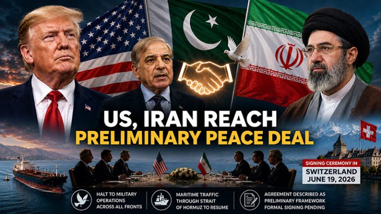 US-Iran preliminary peace deal illustration featuring Donald Trump, Shehbaz Sharif and Mojtaba Khamenei
