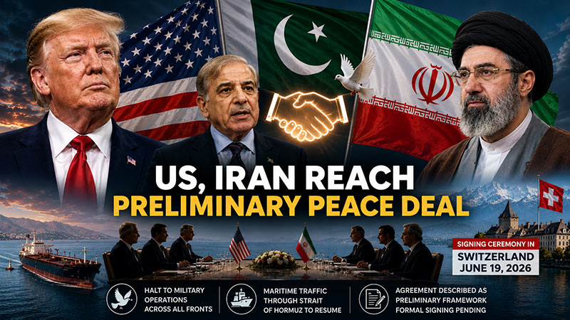 US-Iran preliminary peace deal illustration featuring Donald Trump, Shehbaz Sharif and Mojtaba Khamenei