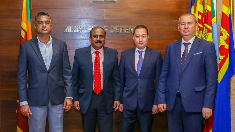 Kazakhstan Ambassador Sergey Viktorov with Sri Lanka Deputy Defence Minister Aruna Jayasekara, Defence Secretary Sampath Thuyacontha and other officials at the Ministry of Defence in Sri Lanka