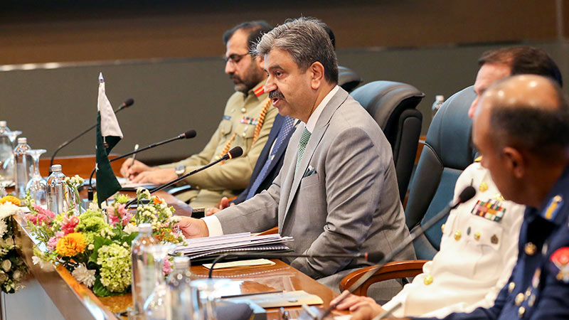 Pakistan Defence Secretary Muhammad Ali speaking during the 6th Pakistan-Sri Lanka Armed Forces Defence Dialogue as officials listen