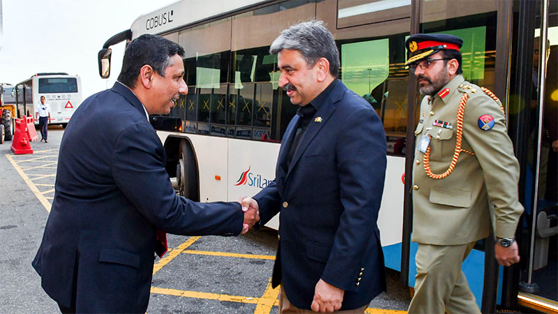 Pakistan Defence Secretary Muhammad Ali welcomed by Harsha Vithanaarachchi at Bandaranaike International Airport in Katunayake, Sri Lanka