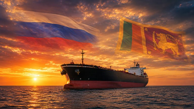 Oil tanker sailing at sunset with transparent Russian and Sri Lankan flags in the sky