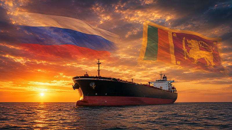 Oil tanker sailing at sunset with transparent Russian and Sri Lankan flags in the sky