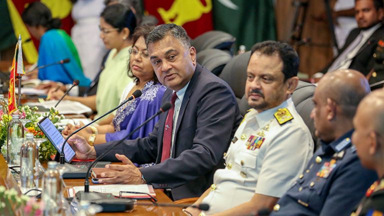 Sri Lanka Defence Secretary Sampath Thuyacontha speaking during the 6th Pakistan-Sri Lanka Armed Forces Defence Dialogue as officials listen