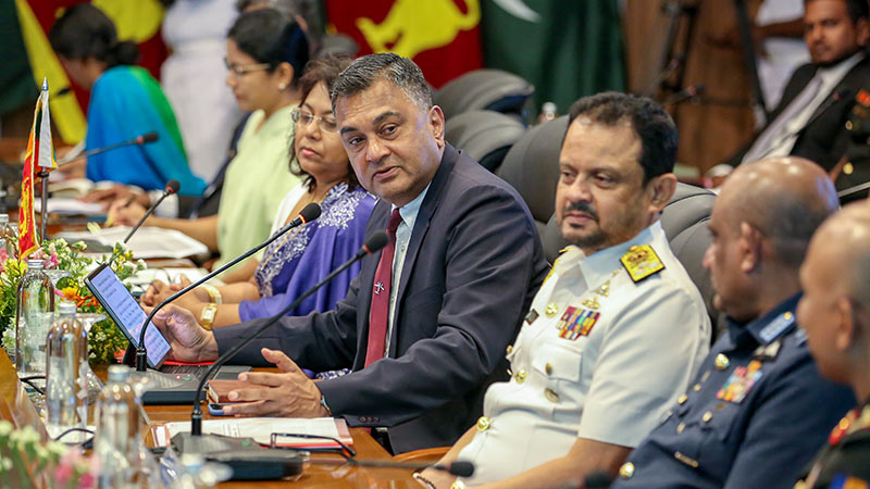 Sri Lanka Defence Secretary Sampath Thuyacontha speaking during the 6th Pakistan-Sri Lanka Armed Forces Defence Dialogue as officials listen