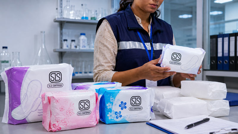 Female inspector checking SLS-certified sanitary napkin packages in Sri Lanka