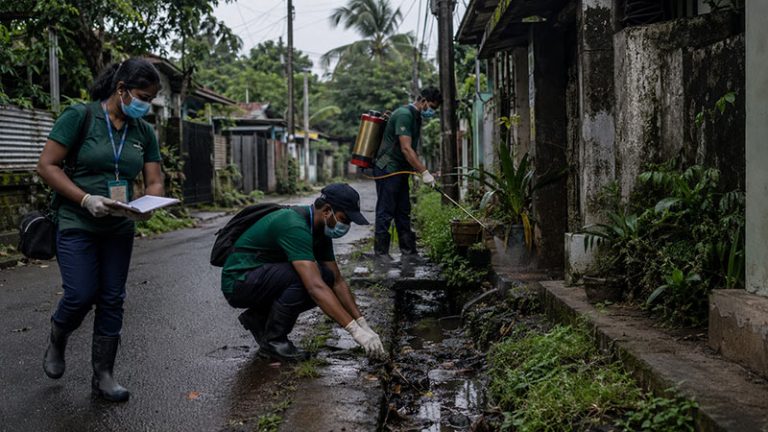 Sri Lanka public health workers inspecting drains during dengue prevention program