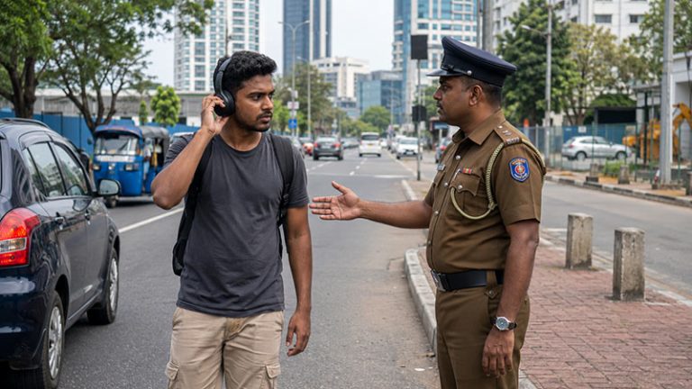 Sri Lanka Police officer stopping a pedestrian wearing headphones on a road in Colombo