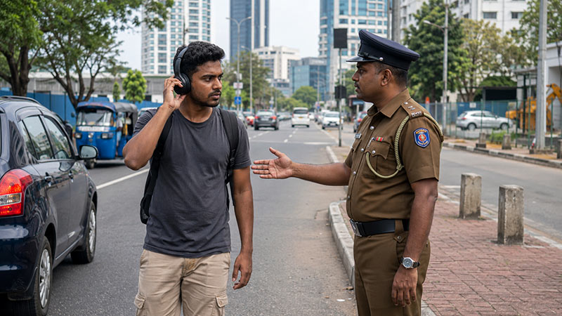 Sri Lanka Police officer stopping a pedestrian wearing headphones on a road in Colombo