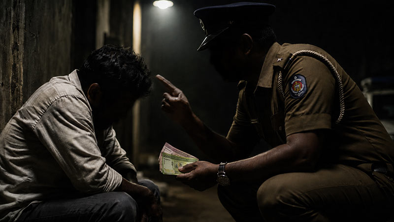 Sri Lanka Police officer allegedly threatening a theft suspect and demanding money in a dark location
