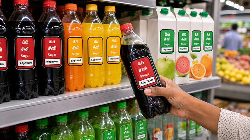 Colour-coded sugar labels on liquid food products in a Sri Lankan supermarket following revised sugar labelling rules