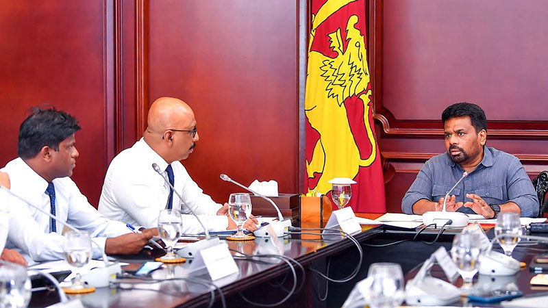 President Anura Kumara Dissanayake, Sunil Kumara Gamage and Sugath Thilakaratne during the sports sector review meeting