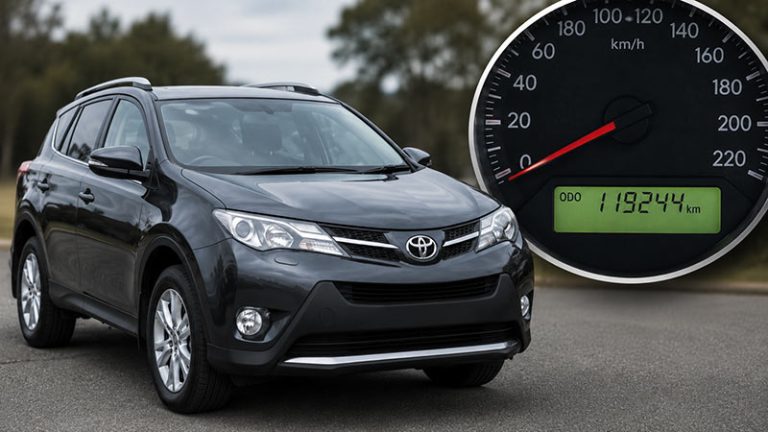 Representational image of a Toyota RAV4 in a New Zealand odometer tampering case, showing a reading of 119,244 kilometres