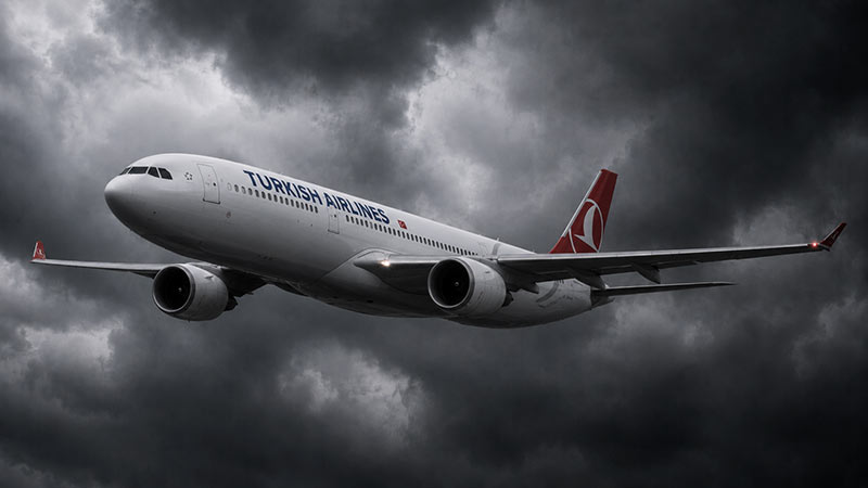 Turkish Airlines plane flying through dark storm clouds