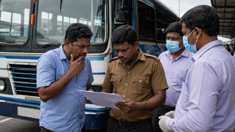 Bus crew in Sri Lanka reading a drug test report as officials look on