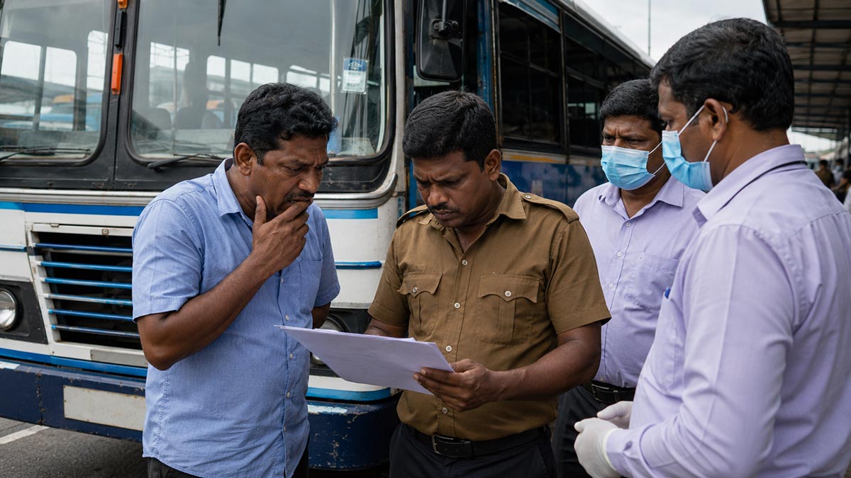 Bus crew in Sri Lanka reading a drug test report as officials look on