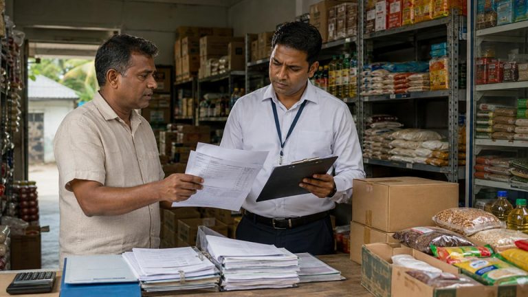 A Consumer Affairs Authority (CAA) officer checking invoices and goods during a market inspection in Sri Lanka