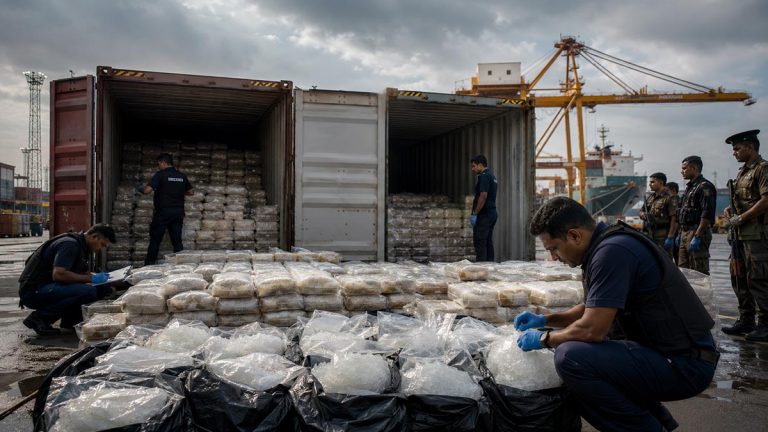 Representational image of officers inspecting a large crystal methamphetamine seizure inside shipping containers at Colombo Port in Sri Lanka