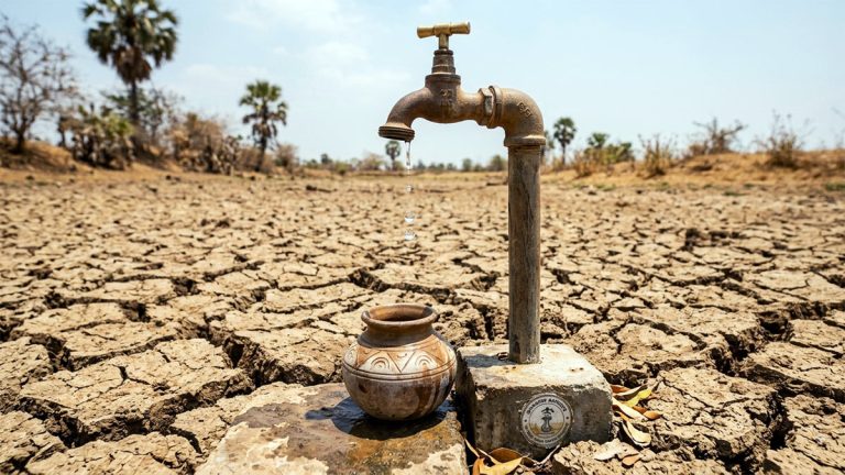 A tall, rustic water tap standing on a small concrete base in a dry, cracked soil landscape under bright sunlight, with a single water drop falling into a clay pot below