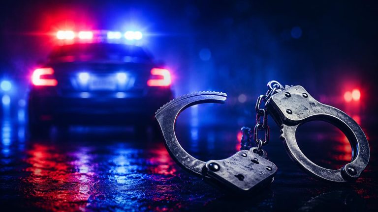 Police arrest with handcuffs and flashing police lights